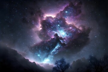 AI-generated illustration of the purple clouds in the magical starry sky