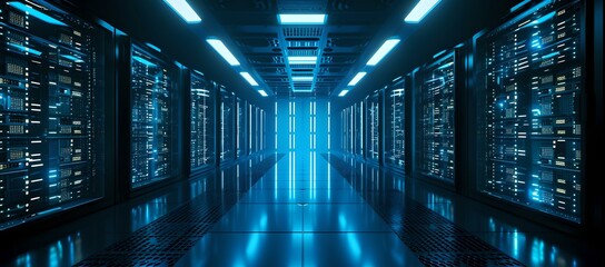 Futuristic data center with blue lights. servers and high-tech interior. concept of cloud computing and cyber security. AI