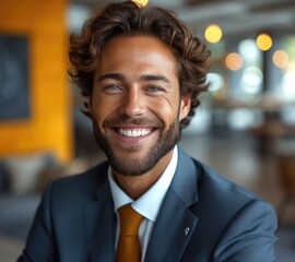 Fototapeta premium Portrait of handsome smiling businessman with suit in office background