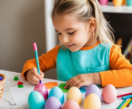 a little girl is painting eggs on a table