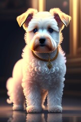 AI generated illustration of a small white fluffy Terrier with golden collar