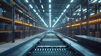 Empty conveyor belt point of view, shelves illuminated by soft, diffused light, a sense of order and organization in the vast warehouse