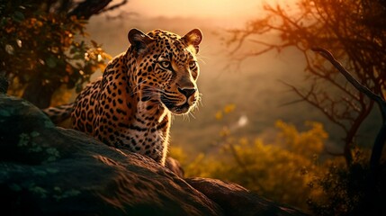 A majestic leopard perched atop a boulder surveys its domain with a watchful gaze - obrazy, fototapety, plakaty