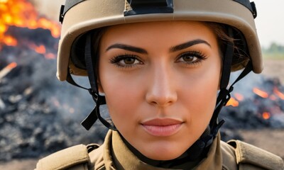 close-up of a Woman soldier the background of fire 