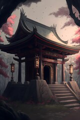 AI generated illustration of Japanese shrine with stairs and illuminated lanterns on cloudy sky