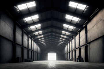AI generated illustration of large empty barn with light coming from the entrance