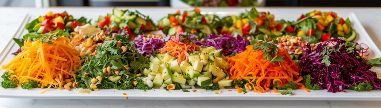 Colorful Salad Platter, assortment of vibrant and fresh salads arranged neatly on a white platter, background image, generative AI