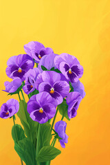 Purple pansy bouquet on a yellow background. Postcard design.