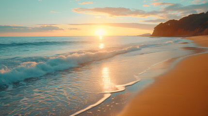 A serene beach, with golden sand as the background, during a peaceful sunset