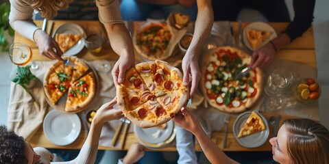 Friends sharing a delicious pizza meal at a cozy gathering. enjoying food together, captured from above. perfect for food and lifestyle themes. AI - obrazy, fototapety, plakaty