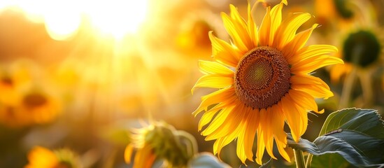 Obraz premium A happy sunflower, a flowering plant in a field, captured in macro photography with the sun shining through its petals.