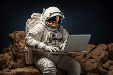 An astronaut with a laptop sits and works.