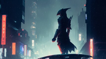 A futuristic samurai is standing on a building in a cyberpunk city on a rainy night - AI generated