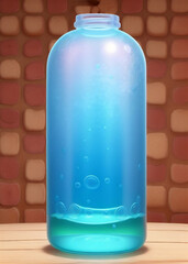 Water with mucilage list in glass bottle on wooden floor with stone wall as background