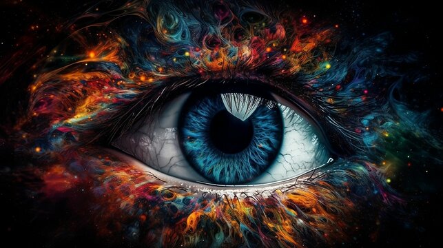 An eye with a cosmic-themed background featuring vibrant colors, stars, and planets