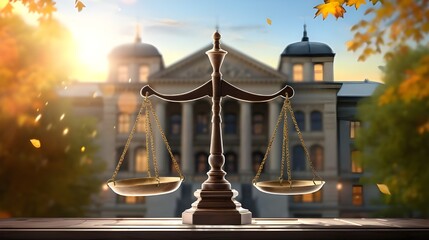 Fairness scales of justice against court house building background banner concept of business financial protection by law Generative AI