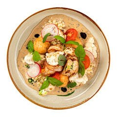 Portion of dish with ptitim and seafood top view