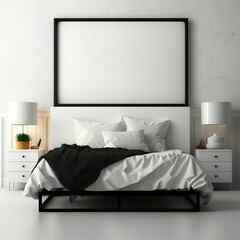 an empty white bedroom with a big frame and a bed