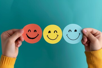 Hand choosing happy smile face paper cut, good feedback rating and positive customer review, mental health assessment, child wellness,world mental health day, think positive, compliment day concept - obrazy, fototapety, plakaty