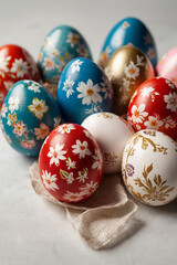 Easter eggs painted in pastel colors on a white background.