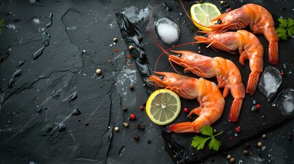 Fresh prawns on a dark stone background with lemon and herbs. seafood preparation, gourmet cuisine concept. elegant presentation, culinary art. AI