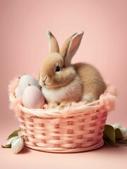 AI generated illustration of an Adorable rabbit sitting in a wicker basket filled with colorful eggs