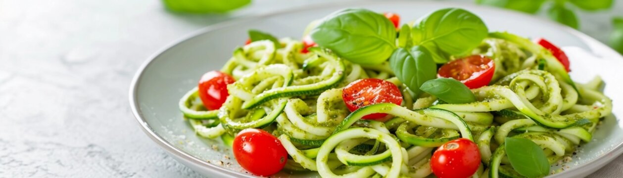 Zucchini Noodles, plate of spiralized zucchini noodles tossed with pesto sauce and cherry tomatoes, background image, generative AI