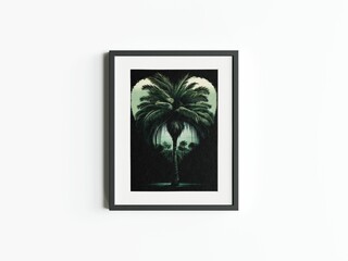 AI generated illustration of a black framed wall art featuring a single palm tree