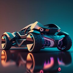 AI generated illustration of a sci-fi sportscar with lights reflected in the shiny surface below it