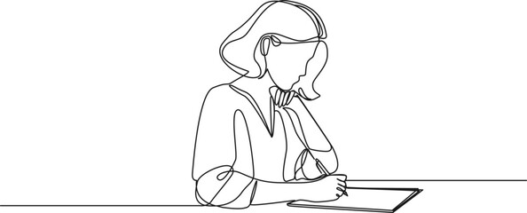 Fototapeta na wymiar continuous single line drawing of woman taking notes on paper, line art vector illustration