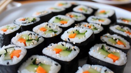 Vegetarian Sushi Rolls, assortment of vegetarian sushi rolls filled with avocado cucumber carrot and other fresh vegetables, background image, generative AI