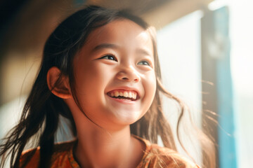 Charming 5-year-old Asian girl smiles as sunlight streaming through a window illuminates her face.