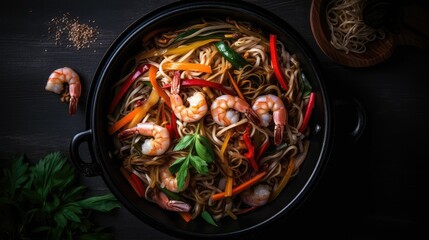 AI generated illustration of a bowl of stir fry noodles with vegetables and shrimps