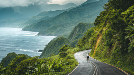 a cyclist riding down the road with mountains on either side