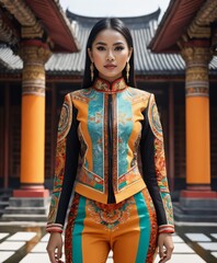 An Indonesian-styled futuristic suit worn by a girl depicting cultural fusion and modern fashion.