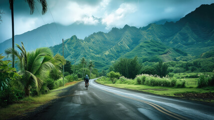 a cyclist riding down the road with mountains on either side