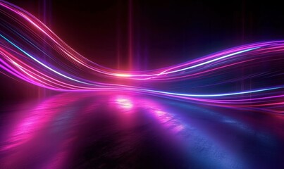 cycled 3d animation. Abstract neon background. Dynamic lines glowing in the dark room with floor reflection. Virtual fluorescent ribbon loop. Fantastic minimalist wallpaper. Speed of, Generative AI