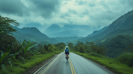 a cyclist riding down the road with mountains on either side
