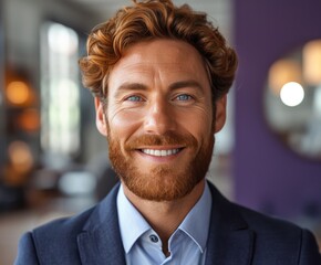 Obraz premium Portrait of handsome smiling businessman with suit in office background
