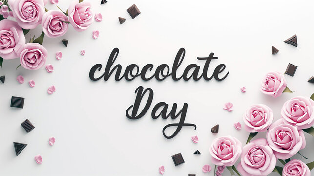 chocolate and flowers with text, chocolate day on a white background