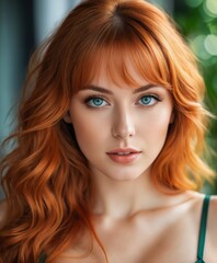a woman with long red hair and blue eyes is posing for a picture 