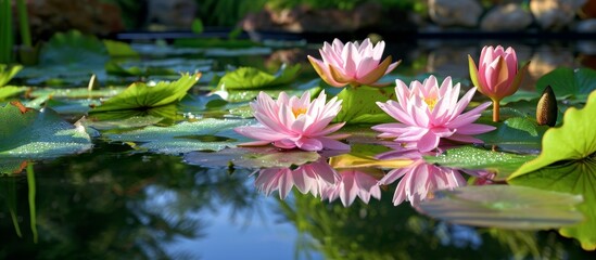 A beautiful natural landscape with pink water lilies floating gracefully on the surface of a serene...