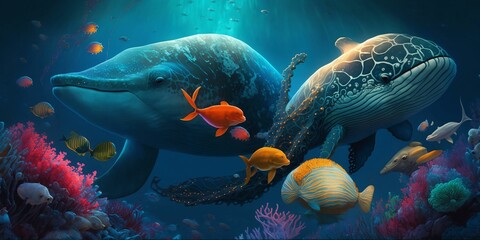 Fototapeta na wymiar AI generated illustration of two blue whales underwater