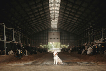 australian shepherd puppy dog sitting in the middle of a cattle barn surrounded by holstein cows © Oszkár Dániel Gáti
