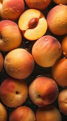 Naklejka na ściany i meble AI-generated illustration of fresh peaches on a wet surface.