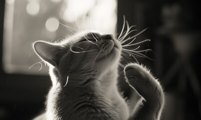 Cute cat playing on the windowsill. Black and white photo.