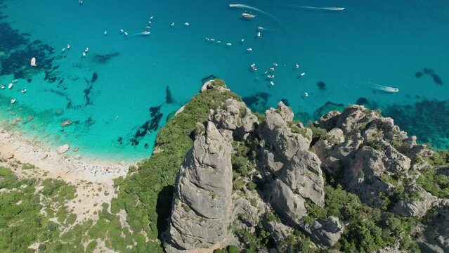 Aerial drone view of Cala Gonone with crystal clear beaches