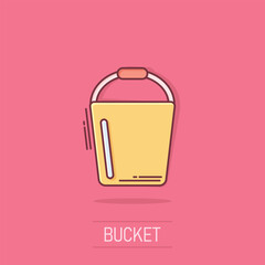 Bucket icon in comic style. Garbage pot cartoon vector illustration on white isolated background. Pail splash effect business concept.