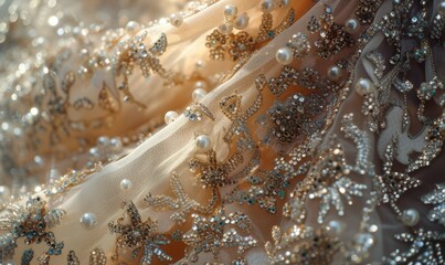 Closeup of beading and sequins on a wedding dress. Wedding dress in the morning sunlight. Close up of wedding dress