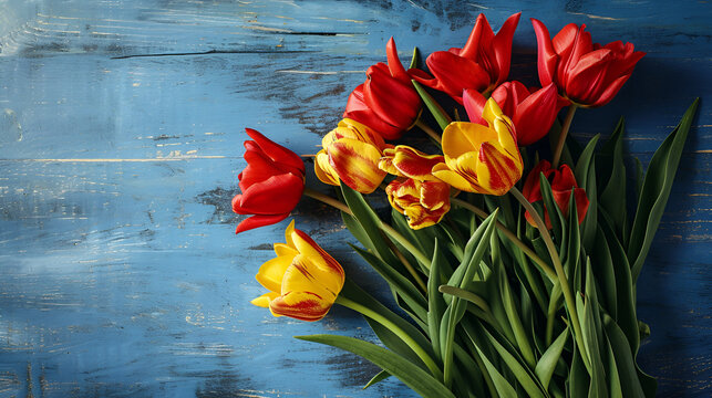 Bouquet of tulips Isolated On a blue rust wooden background, Bouquet of tulips on a blue wooden background top view copy space, Mothers day concept, AI generated